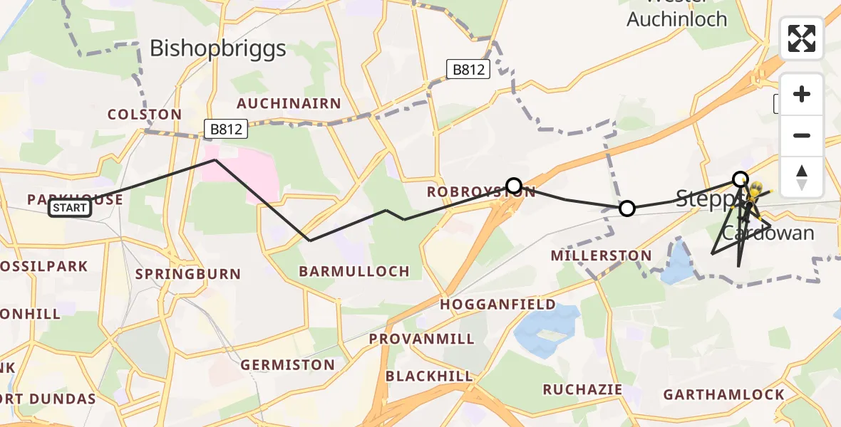 Flight path map showing Police Helicopter route from Glasgow to Cardowan