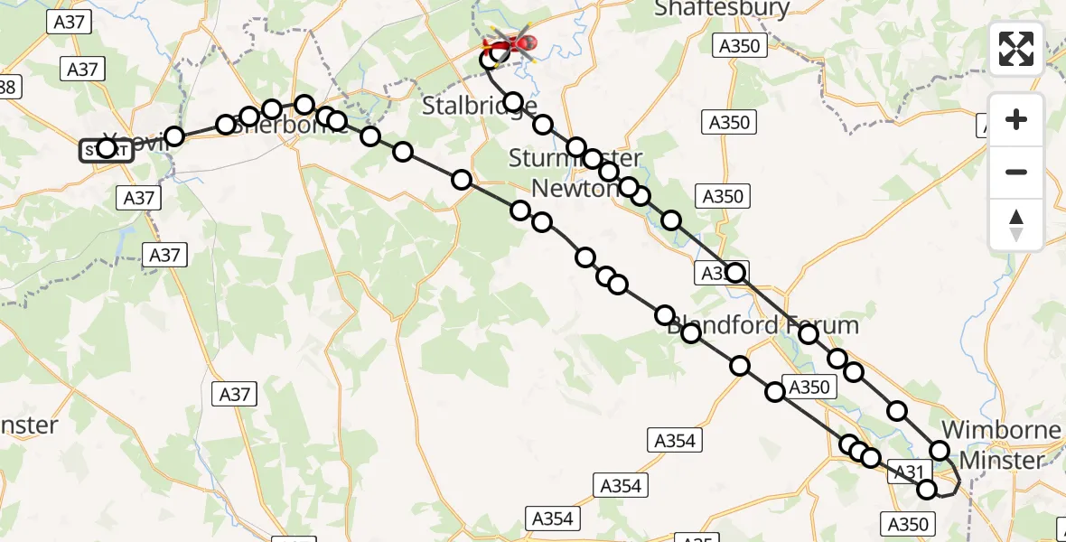 Flight path map showing Air Ambulance Helicopter route from Yeovil/Westland Aerodrome to Henstridge Airfield