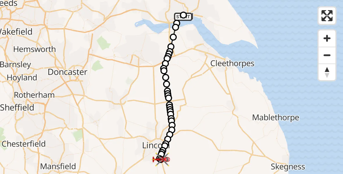 Flight path map showing Air Ambulance Helicopter route from Hull Royal Infirmary to North Kesteven