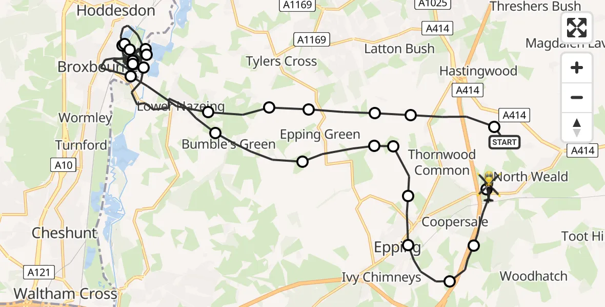 Flight path map showing Police Helicopter route from North Weald Airfield to North Weald Airfield