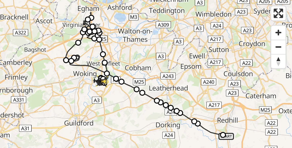 Flight path map showing Police Helicopter route from Salfords to Guildford