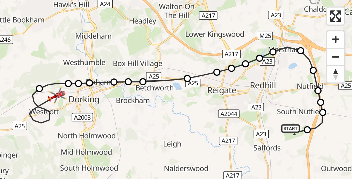 Flight path map showing Air Ambulance Helicopter route from Redhill Aerodrome to Westcott