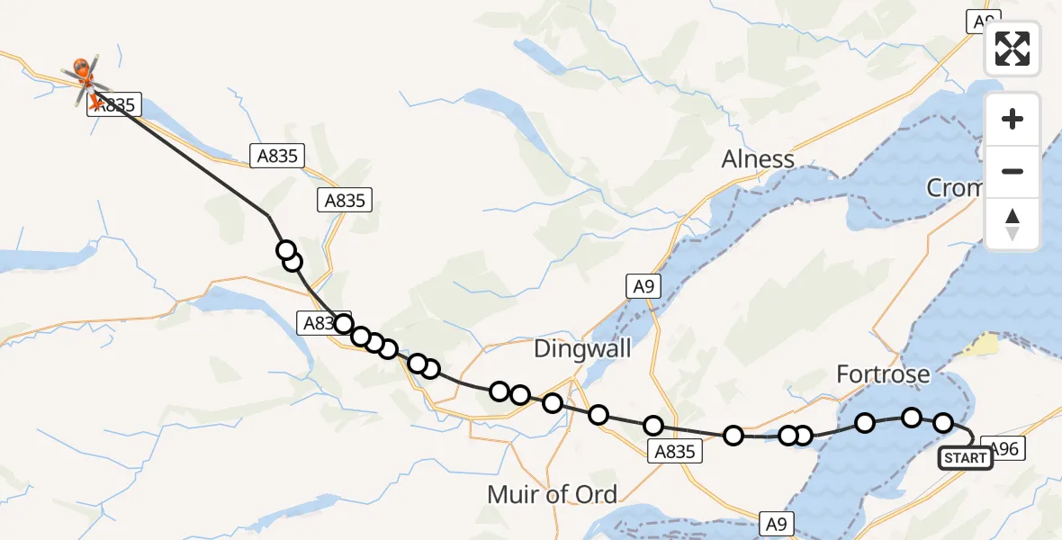 Flight path map showing Coastguard Helicopter route from Inverness Airport to Highland