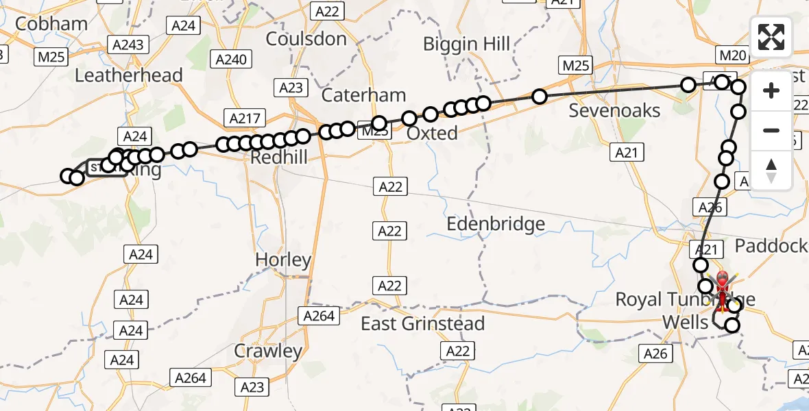Flight path map showing Air Ambulance Helicopter route from Westcott to Royal Tunbridge Wells