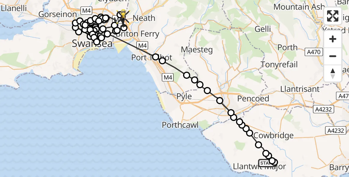 Flight path map showing Police Helicopter route from Llanmaes to Skewen
