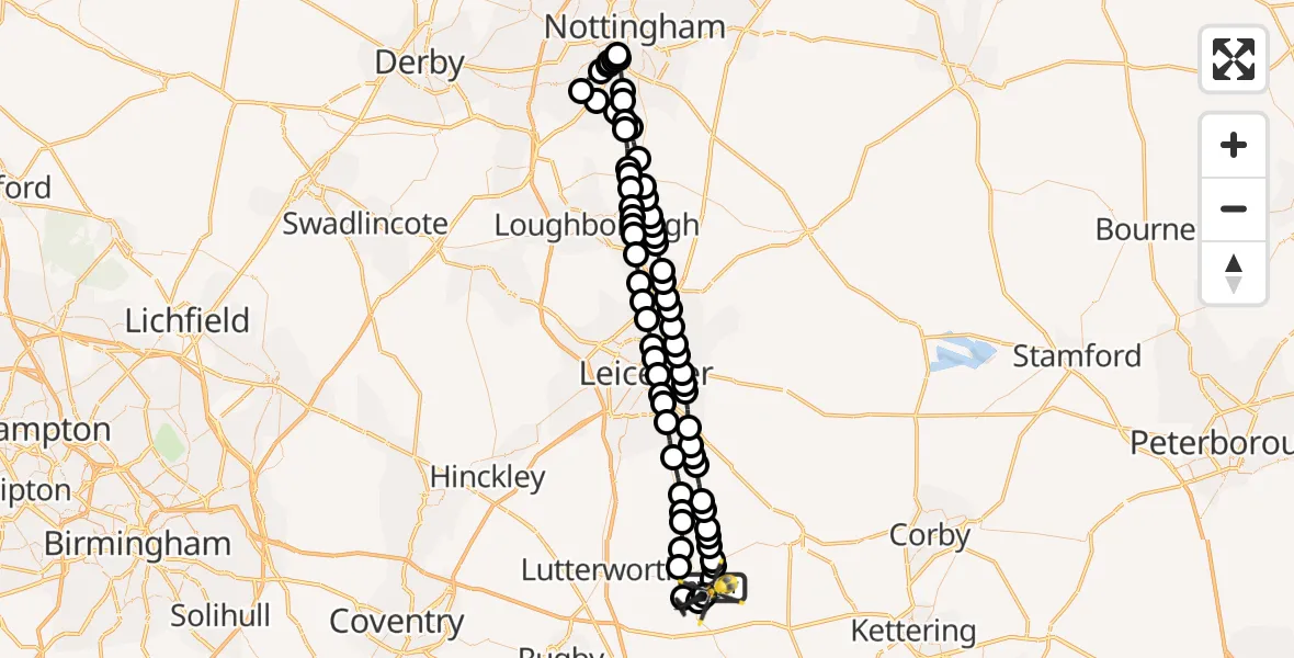 Flight path map showing Police Helicopter route from Husbands Bosworth Airfield to Harborough