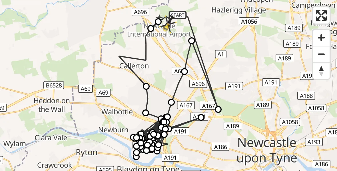 Flight path map showing Police Helicopter route from Newcastle International Airport to Newcastle International Airport