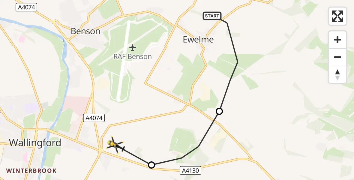 Flight path map showing Police Helicopter route from Ewelme to Crowmarsh Gifford