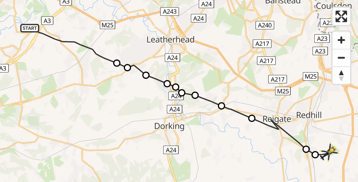Flight path map showing Police Helicopter route from Guildford to Redhill Aerodrome