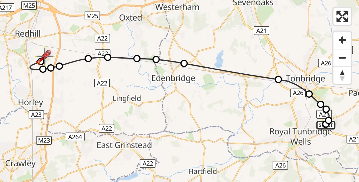 Flight path map showing Air Ambulance Helicopter route from Tunbridge Wells Hospital Heliport to Redhill Aerodrome