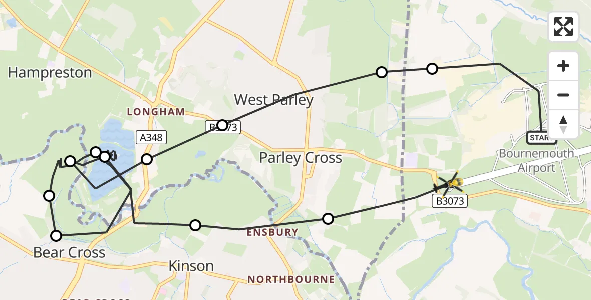 Flight path map showing Police Helicopter route from Bournemouth Airport to Bournemouth Airport