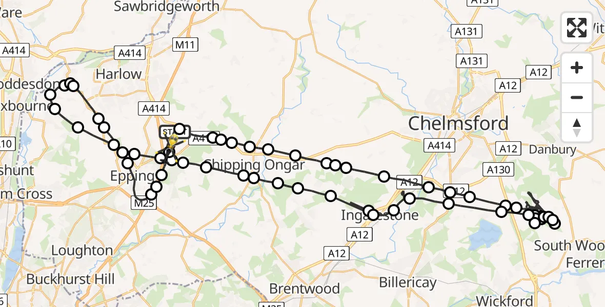 Flight path map showing Police Helicopter route from North Weald Airfield to North Weald Airfield