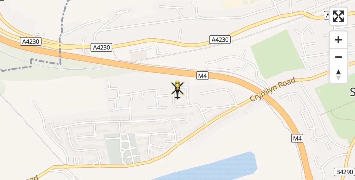 Flight path map showing Police Helicopter route from Coed Darcy to Coed Darcy