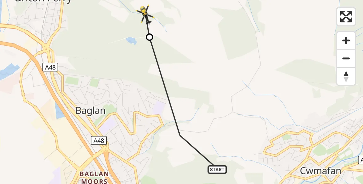Flight path map showing Police Helicopter route from Baglan to Briton Ferry