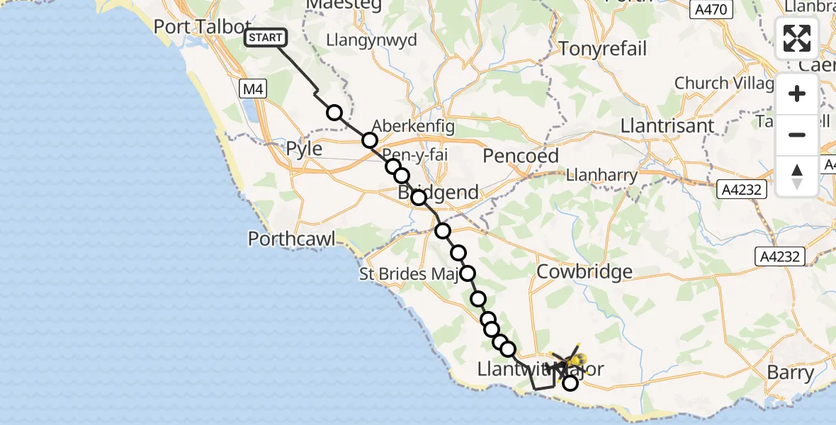 Flight path map showing Police Helicopter route from Margam to Boverton