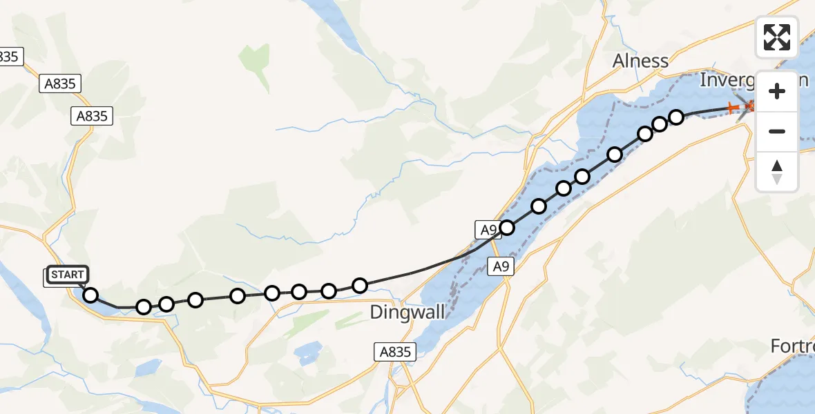 Flight path map showing Coastguard Helicopter route from Garve to Invergordon
