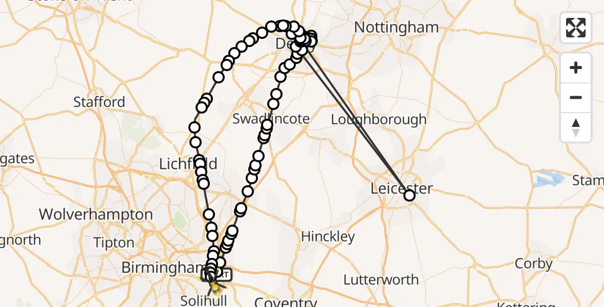 Flight path map showing Police Helicopter route from Solihull to Birmingham Airport