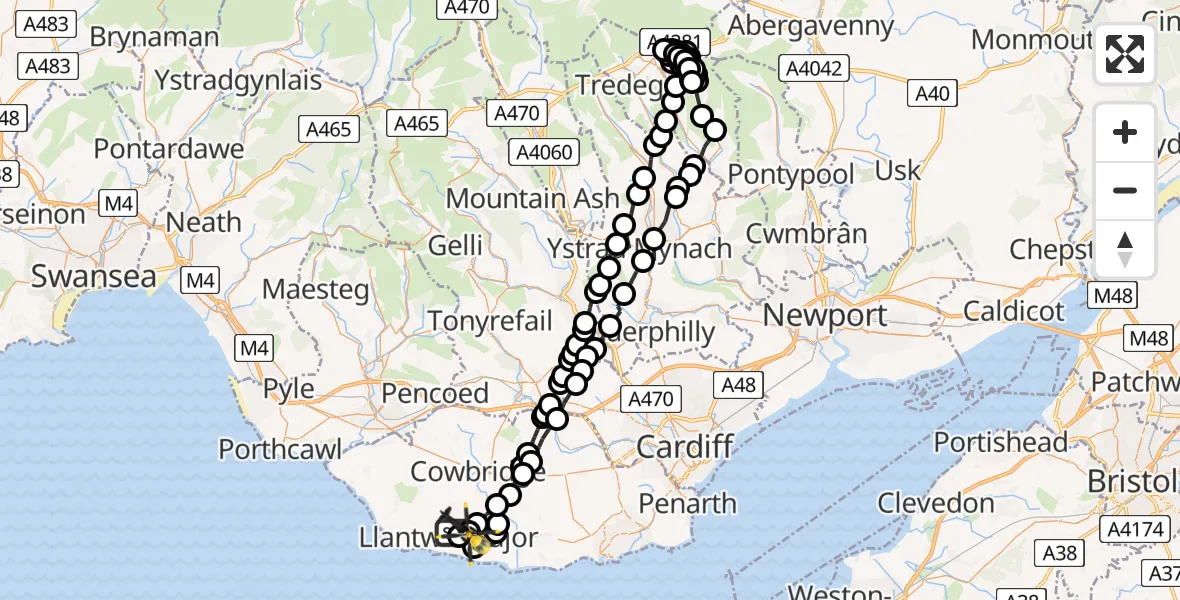 Flight path map showing Police Helicopter route from Llanmaes to Boverton