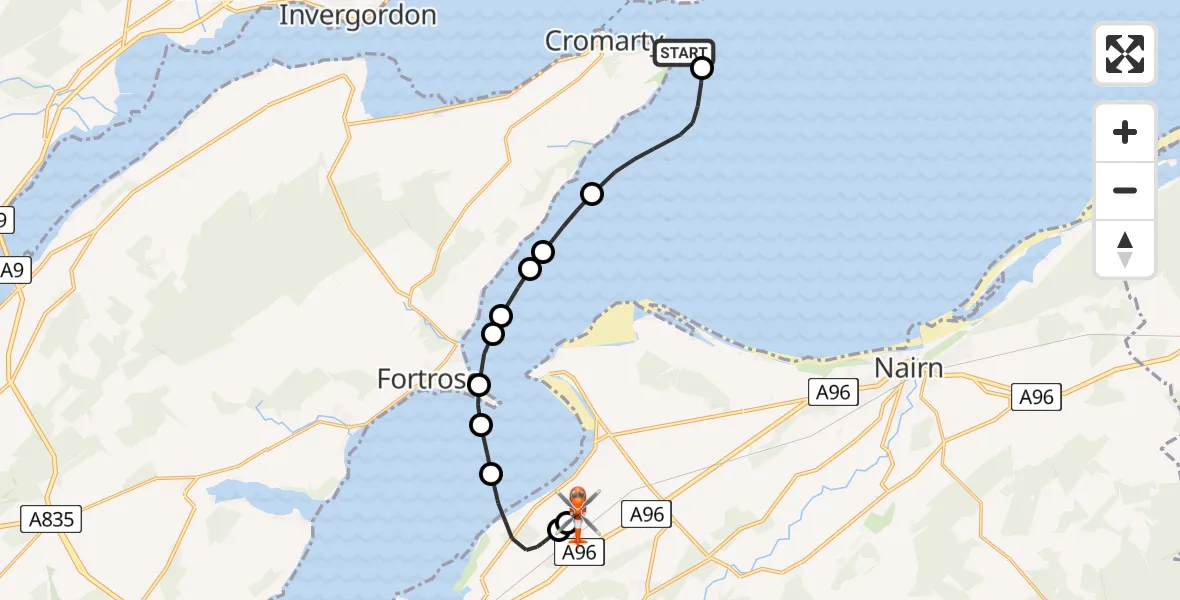 Flight path map showing Coastguard Helicopter route from Cromarty to Inverness Airport