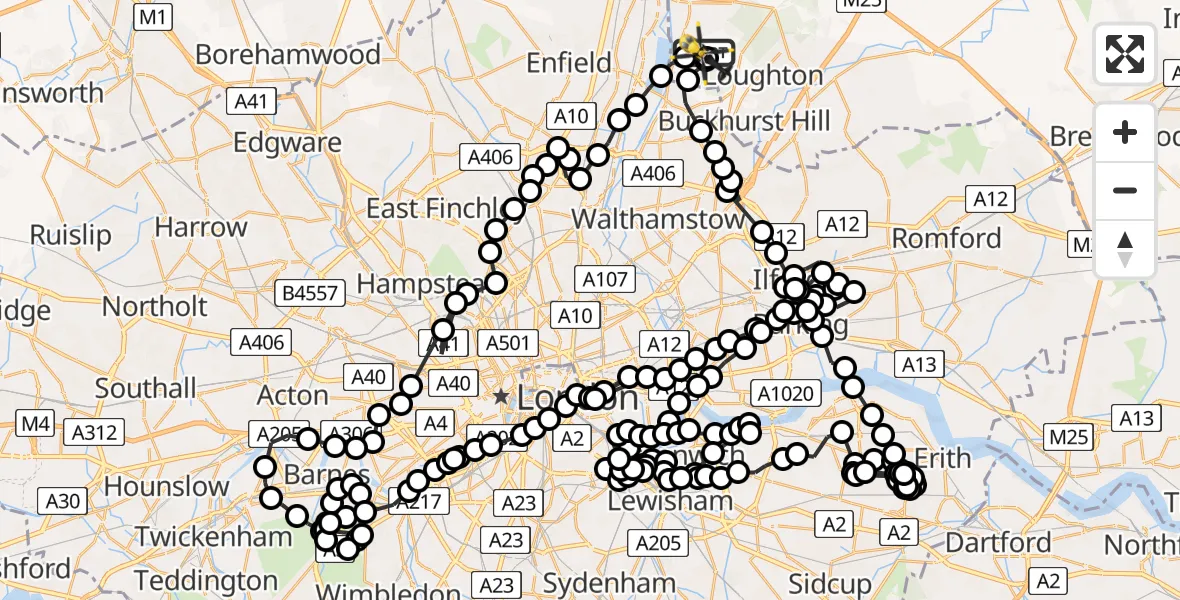 Flight path map showing Police Helicopter route from Metropolitan Police Air Support Unit Lippitts Hill to Sewardstonebury