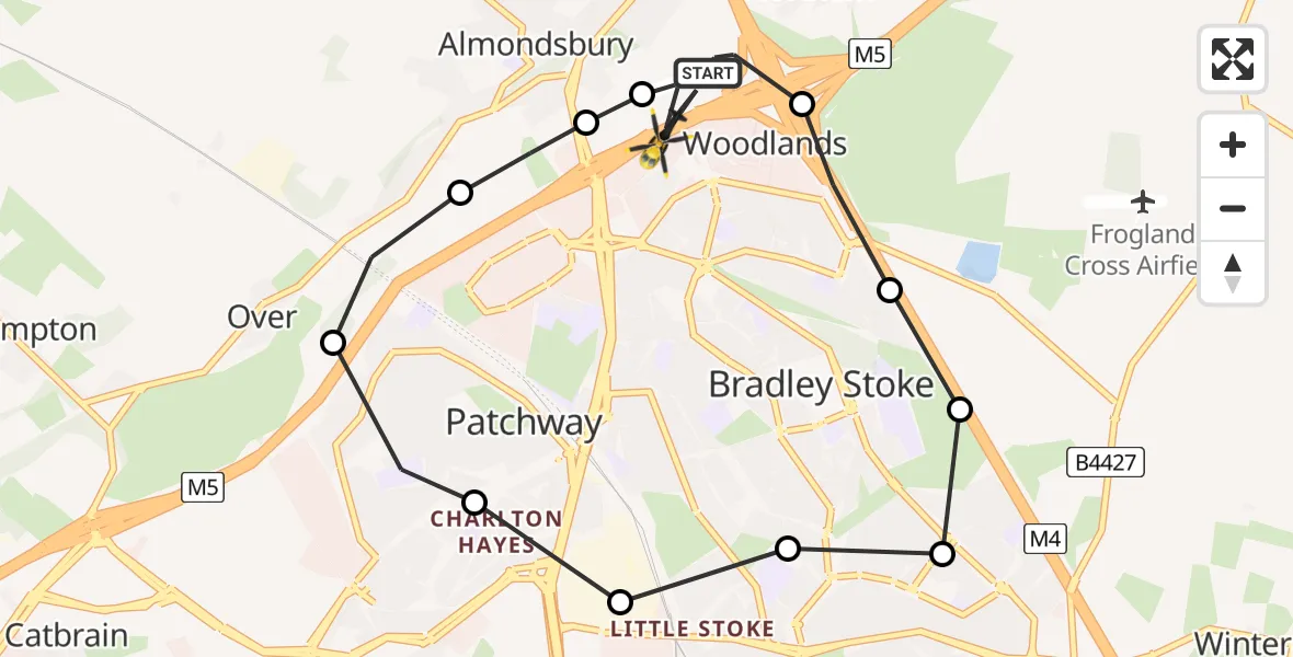 Flight path map showing Police Helicopter route from Almondsbury Helicopter Base to Almondsbury Helicopter Base