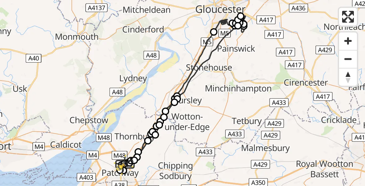 Flight path map showing Police Helicopter route from Almondsbury Helicopter Base to Almondsbury Helicopter Base