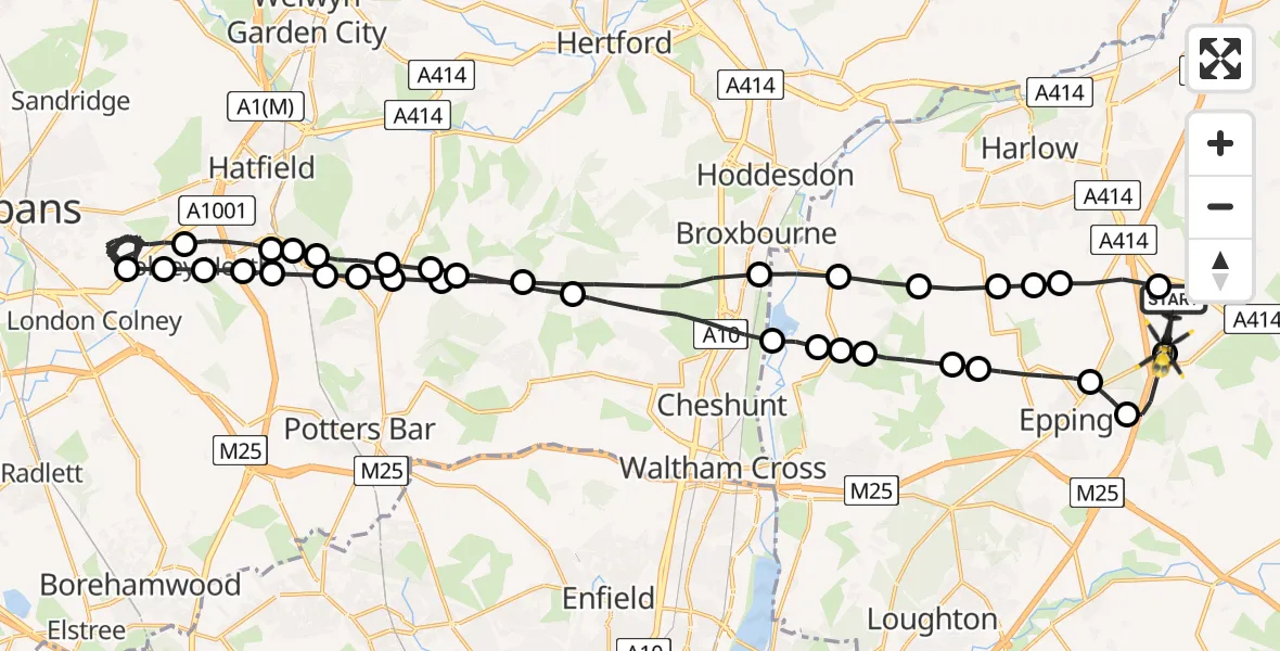 Flight path map showing Police Helicopter route from North Weald Airfield to North Weald Airfield