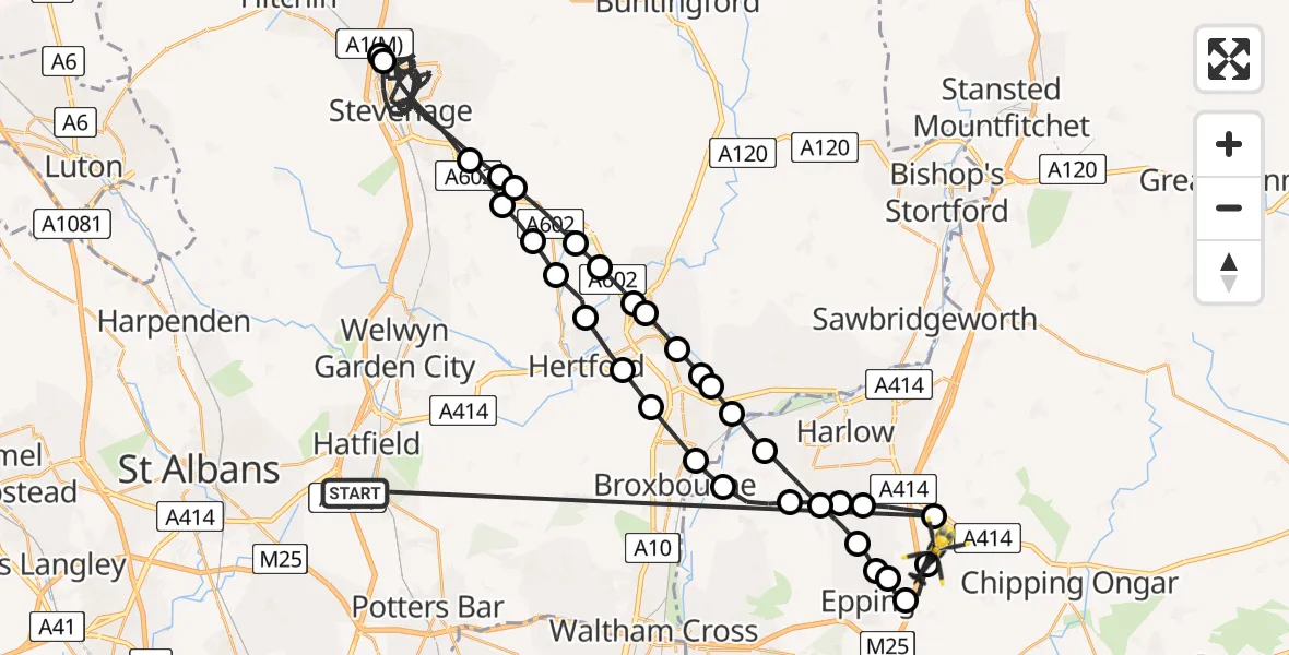 Flight path map showing Police Helicopter route from Hatfield to North Weald Airfield