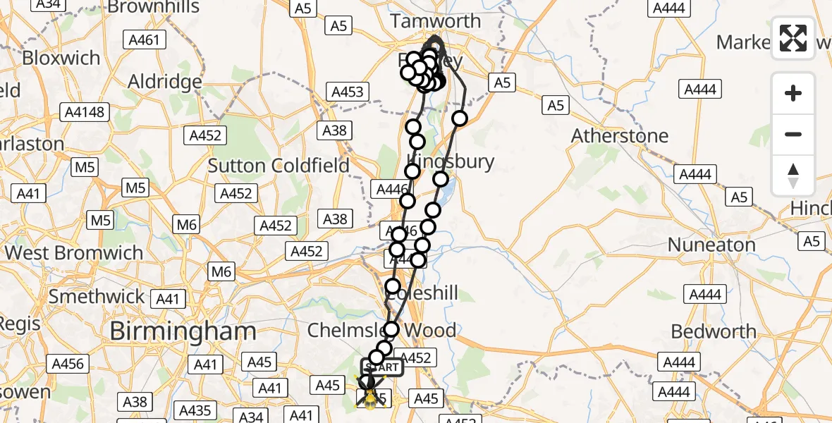 Flight path map showing Police Helicopter route from Birmingham Airport to Birmingham Airport