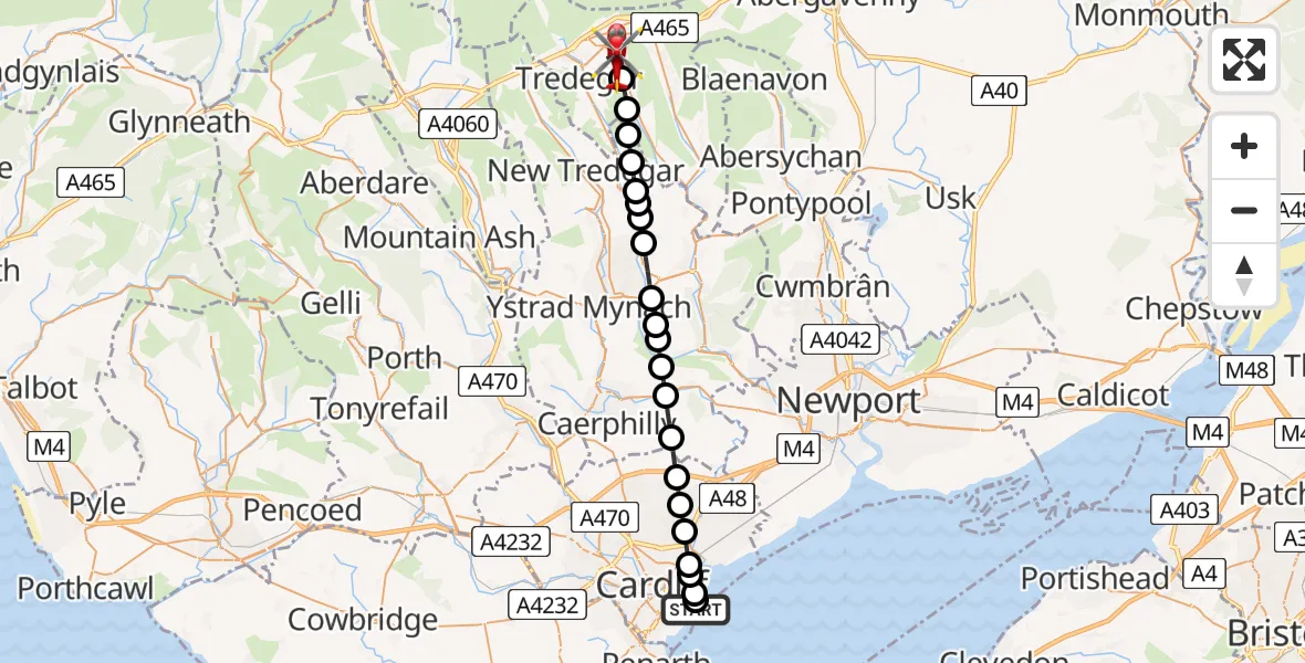 Flight path map showing Air Ambulance Helicopter route from Cardiff Heliport to Ebbw Vale