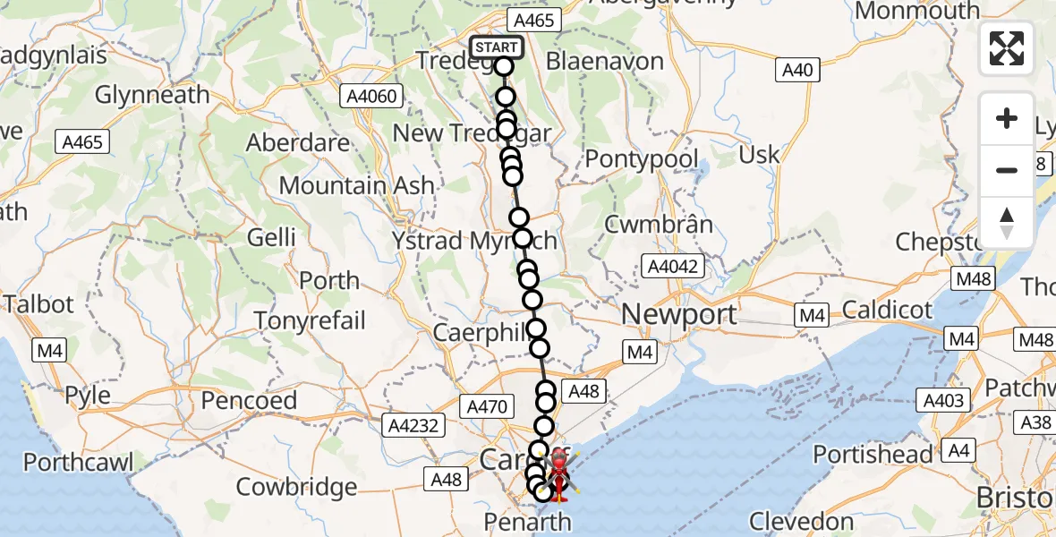 Flight path map showing Air Ambulance Helicopter route from Ebbw Vale to Cardiff Heliport