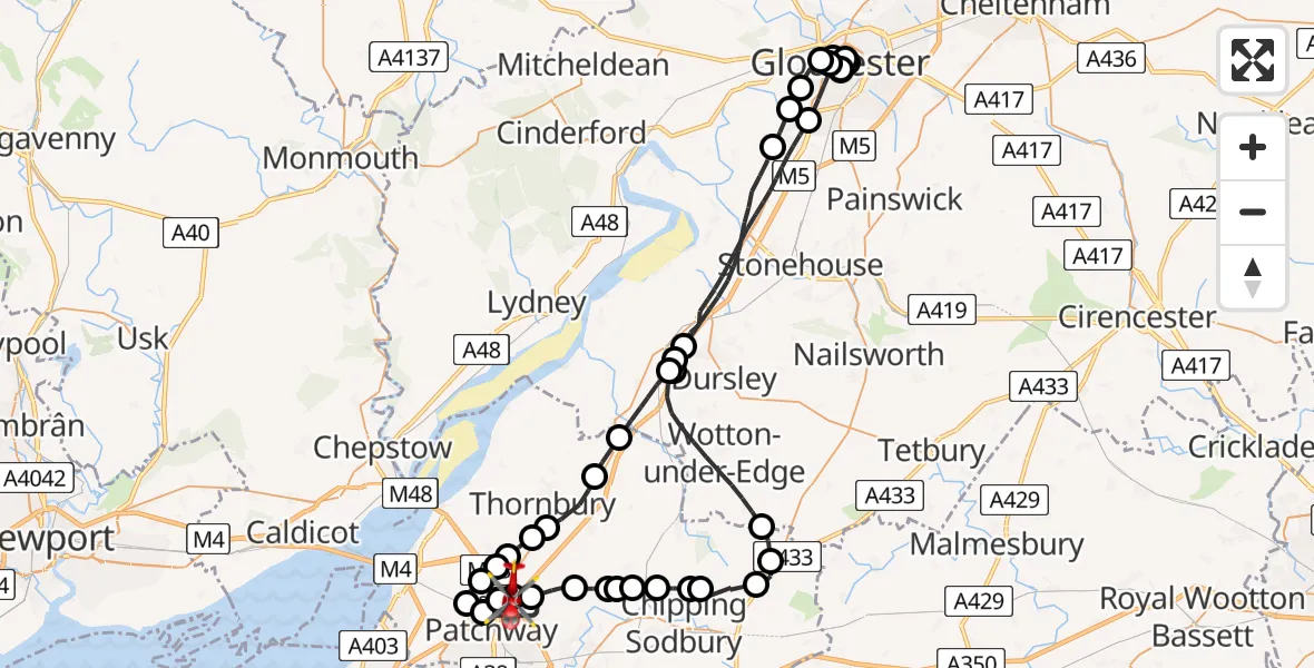 Flight path map showing Air Ambulance Helicopter route from Almondsbury Helicopter Base to Woodlands