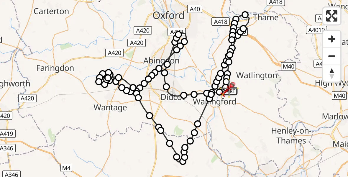 Flight path map showing Air Ambulance Helicopter route from RAF Benson to RAF Benson