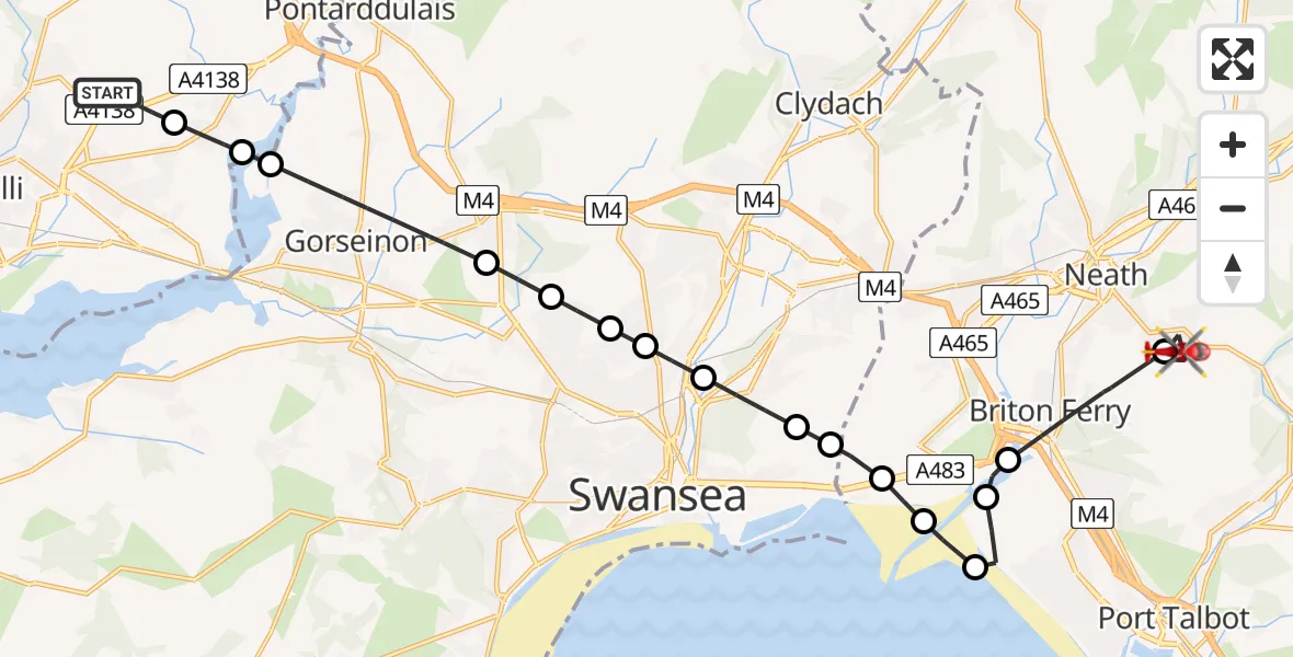 Flight path map showing Air Ambulance Helicopter route from Dafen to Neath
