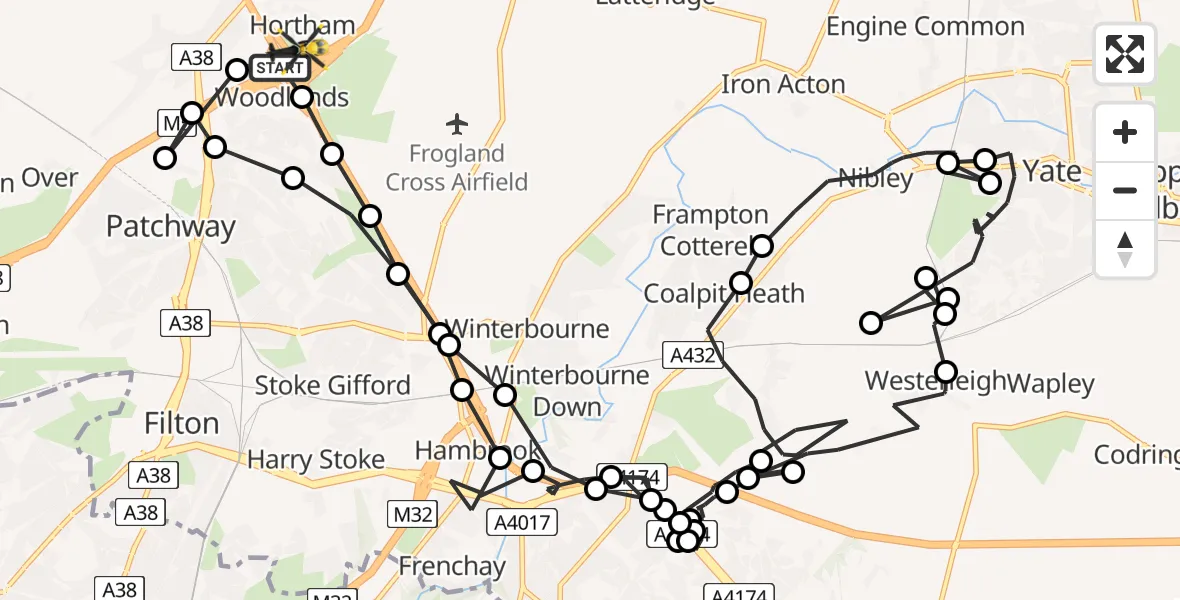 Flight path map showing Police Helicopter route from Almondsbury Helicopter Base to Hortham