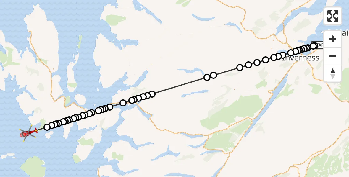 Flight path map showing Air Ambulance Helicopter route from Inverness to Inner Seas