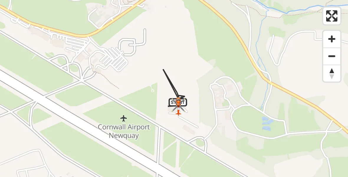Flight path map showing Coastguard Helicopter route from Cornwall Airport Newquay to Cornwall Airport Newquay