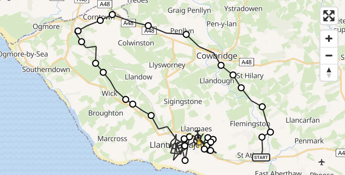 Flight path map showing Police Helicopter route from St Athan to Boverton