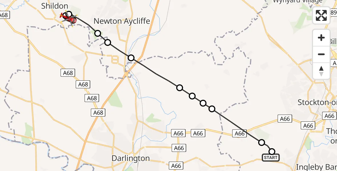 Flight path map showing Air Ambulance Helicopter route from Egglescliffe to Shildon