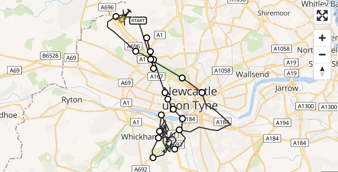 Flight path map showing Police Helicopter route from Woolsington to Newcastle International Airport