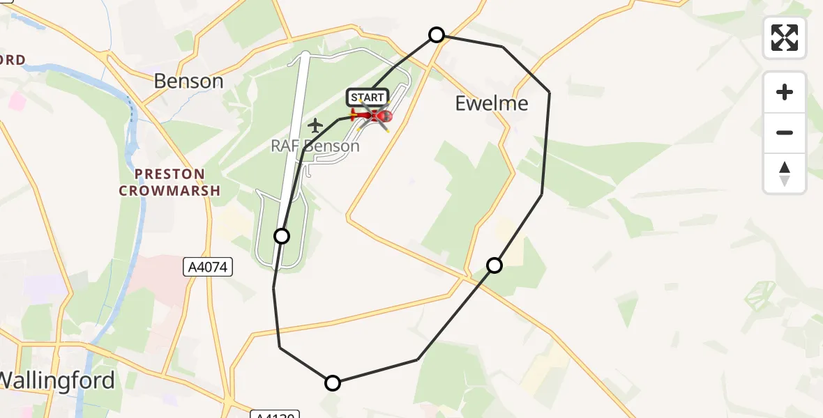 Flight path map showing Air Ambulance Helicopter route from RAF Benson to RAF Benson