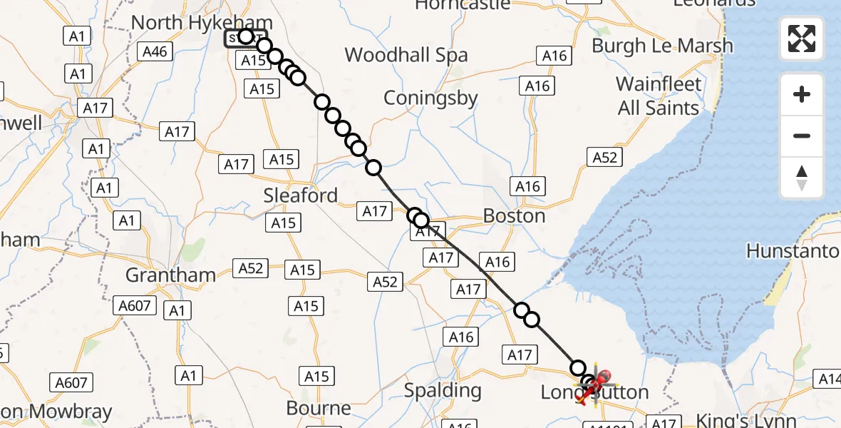 Flight path map showing Air Ambulance Helicopter route from RAF Waddington to Long Sutton