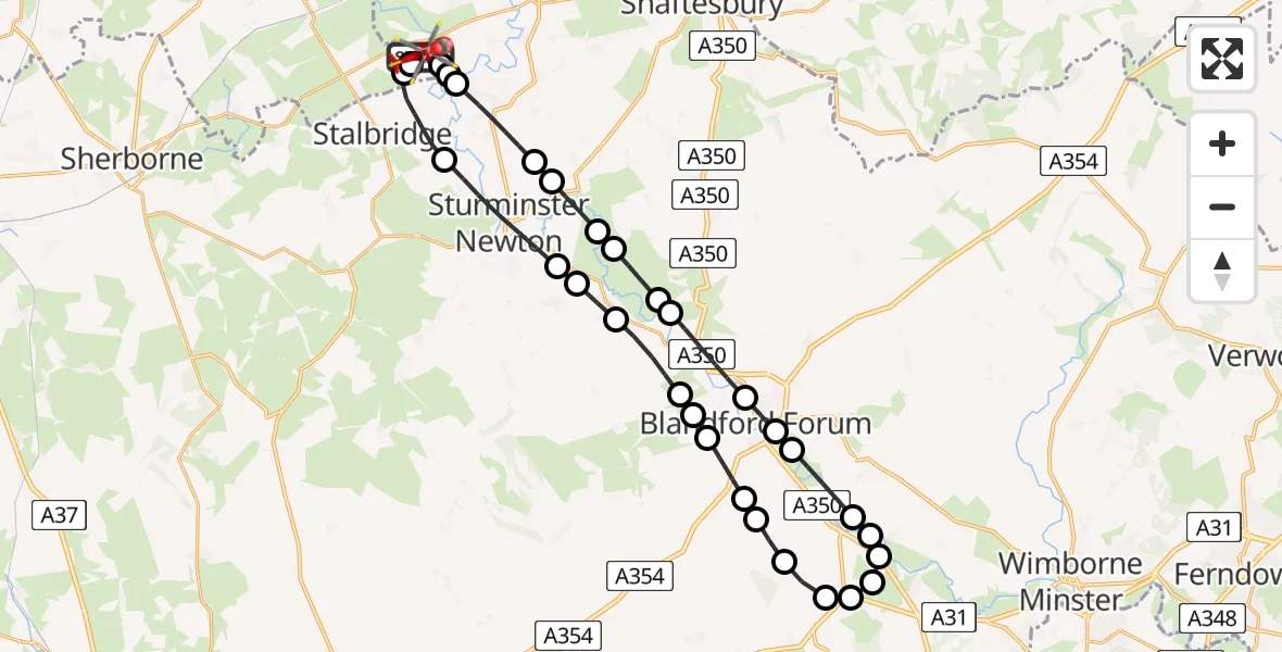Flight path map showing Air Ambulance Helicopter route from Henstridge Airfield to Henstridge Airfield