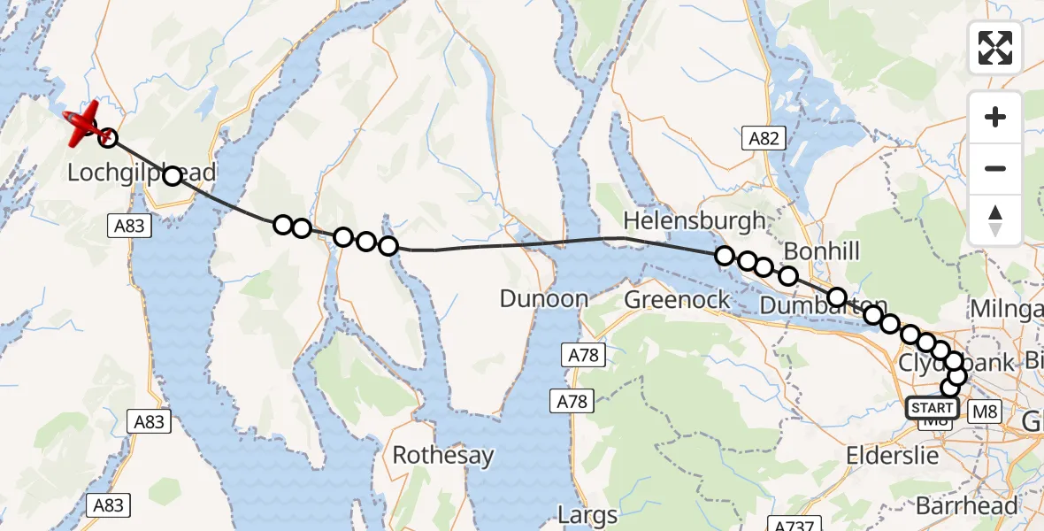 Flight path map showing Air Ambulance Aircraft route from Glasgow Airport to Argyll and Bute
