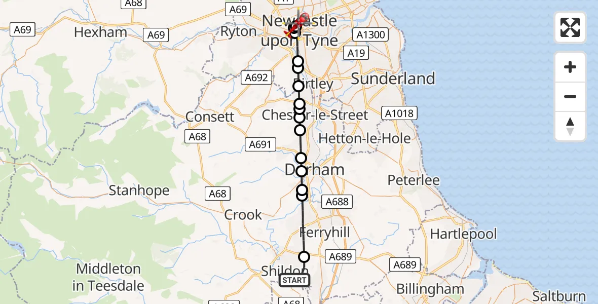 Flight path map showing Air Ambulance Helicopter route from Newton Aycliffe to Newcastle Royal Victoria Infirmary