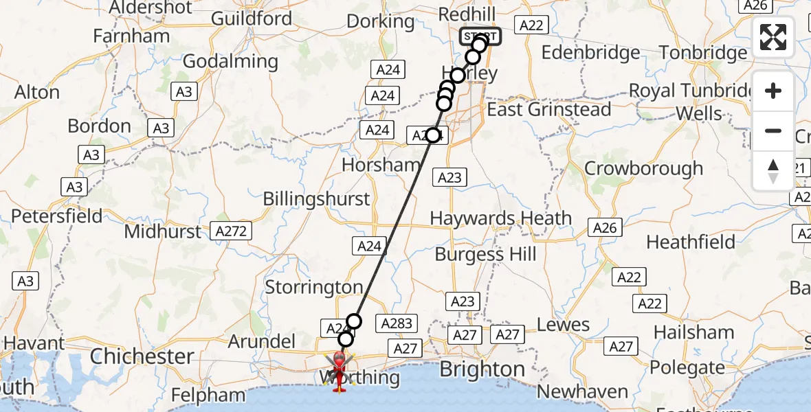 Flight path map showing Air Ambulance Helicopter route from Redhill Aerodrome to Worthing