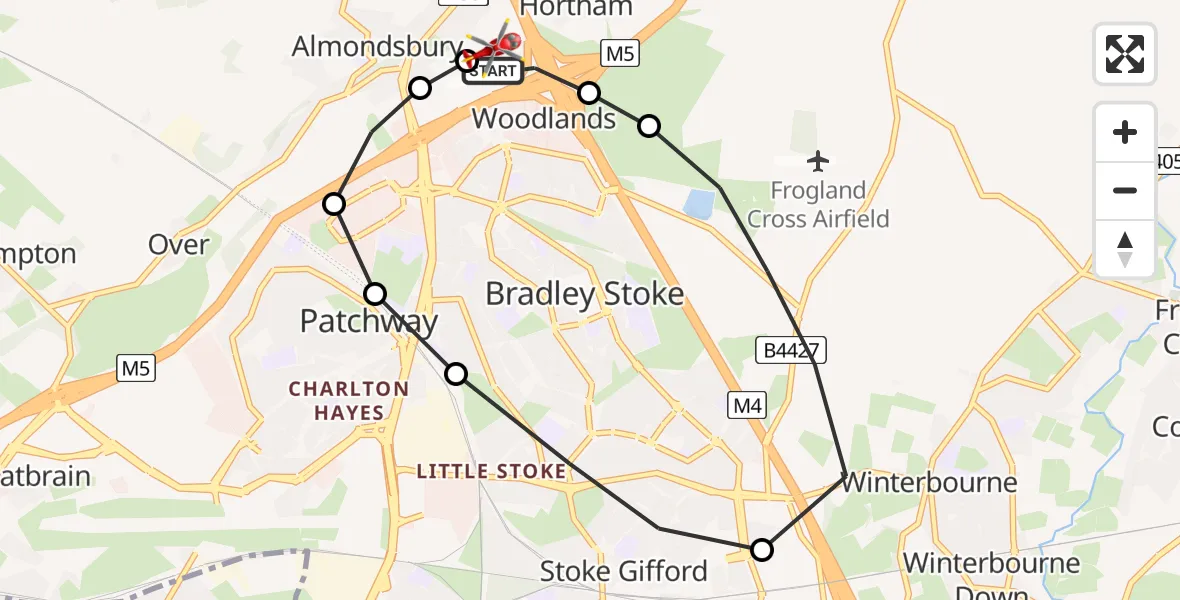 Flight path map showing Air Ambulance Helicopter route from Almondsbury Helicopter Base to Almondsbury Helicopter Base