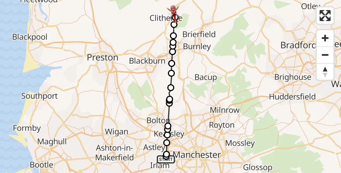 Flight path map showing Air Ambulance Helicopter route from Manchester Barton Aerodrome to Worston