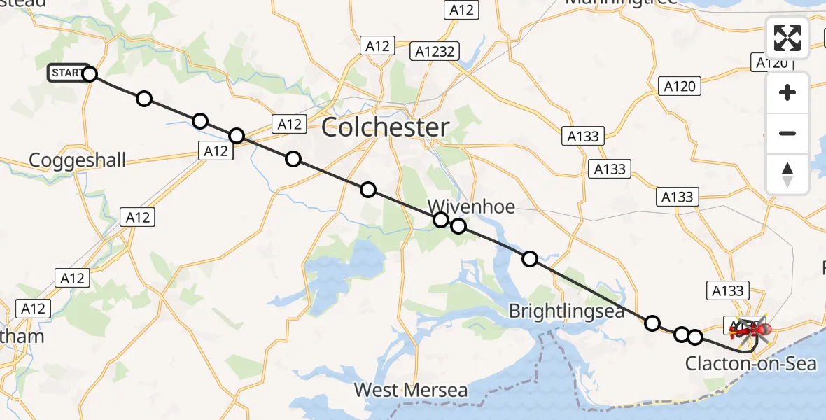 Flight path map showing Air Ambulance Helicopter route from Earls Colne Airfield to Clacton-on-Sea