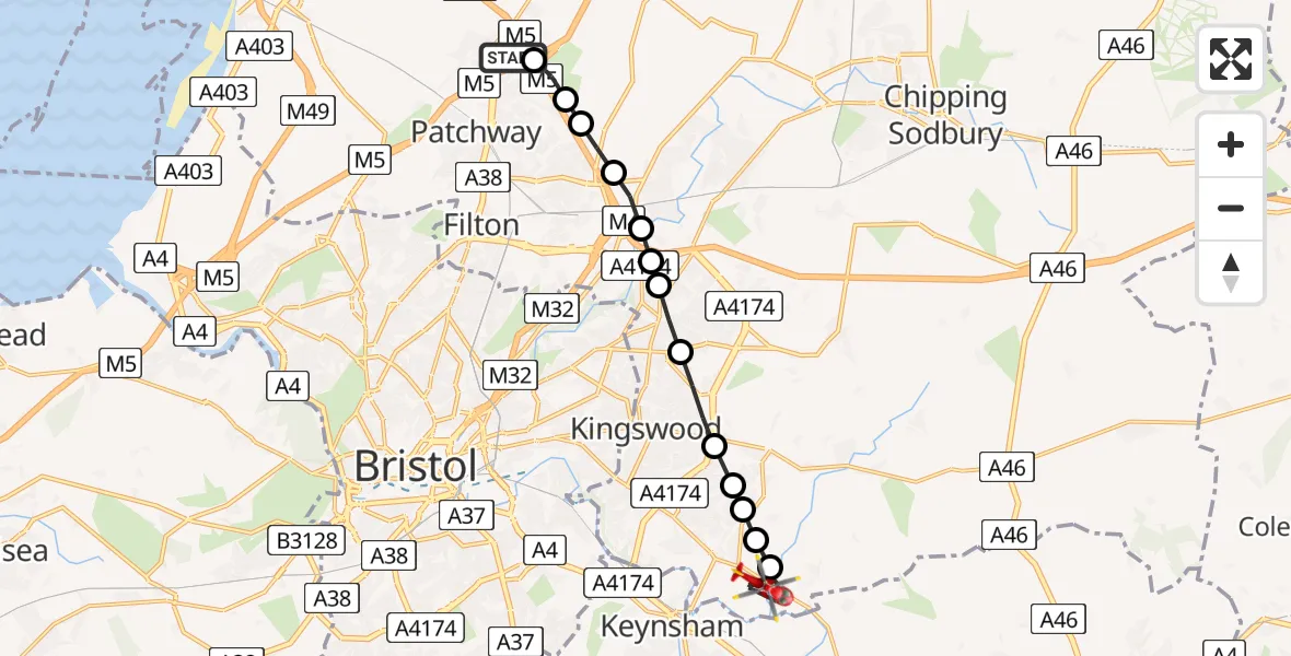 Flight path map showing Air Ambulance Helicopter route from Almondsbury Helicopter Base to Bitton